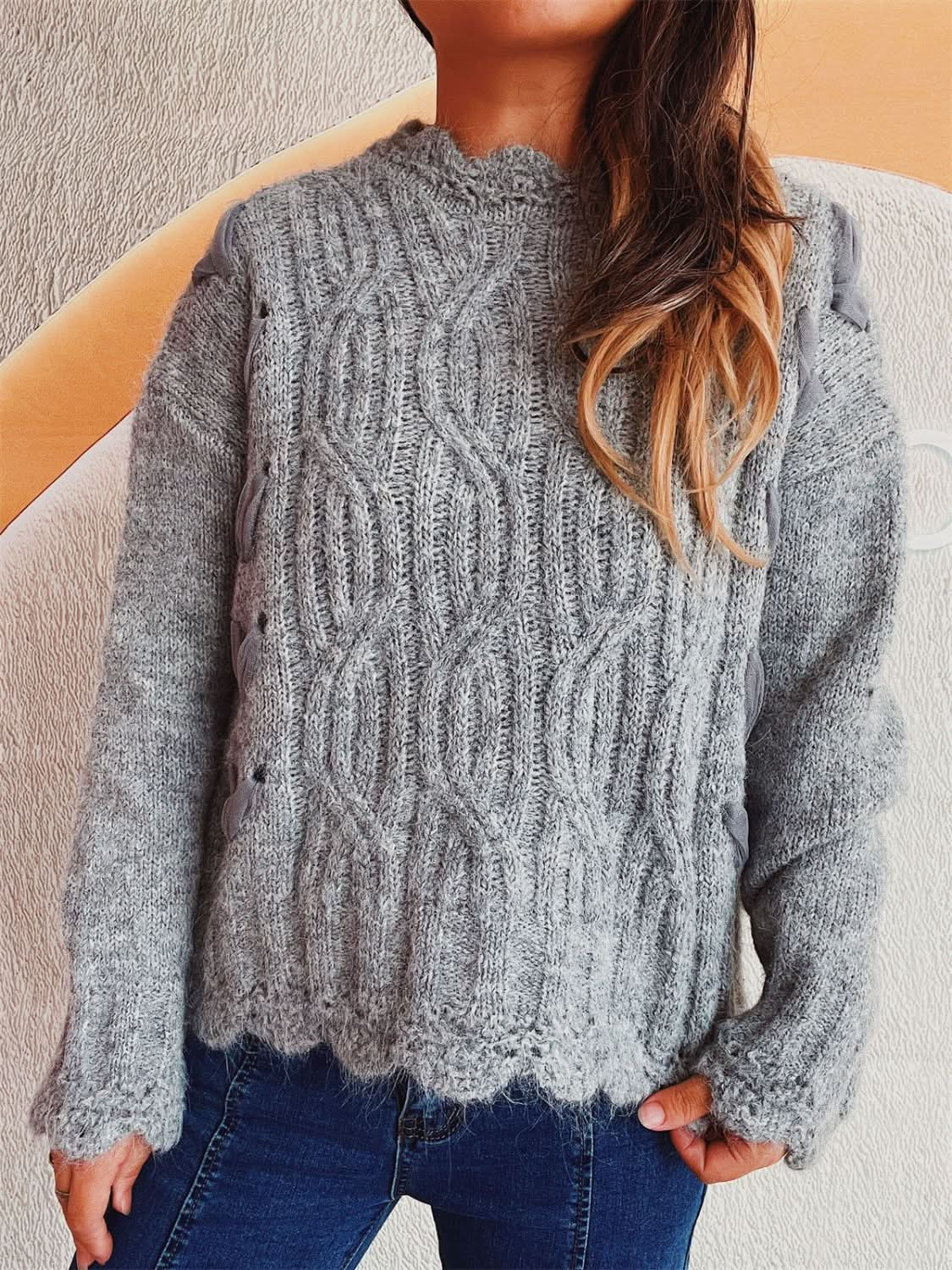 Scalloped Hem Dropped Shoulder Long Sleeve Sweater