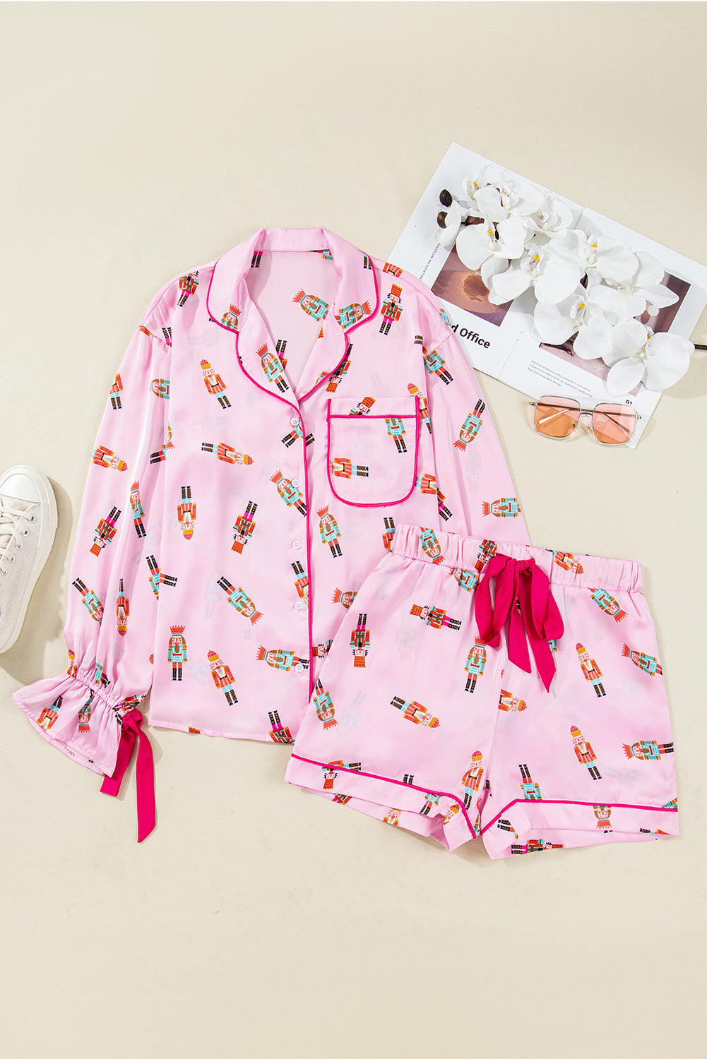 Pink Nutcracker Print Two Piece Pajama Set Contrast Trim Bow