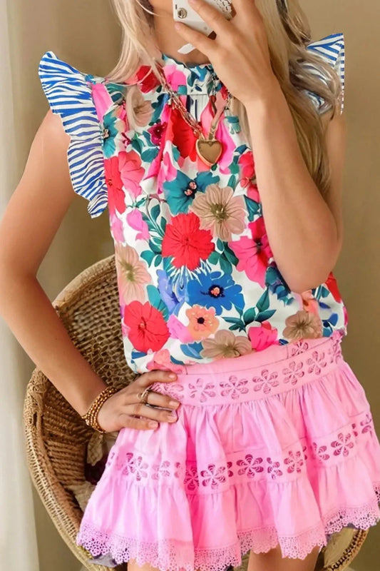 Floral Mock Neck Striped Cap Sleeve Blouse Simply Love