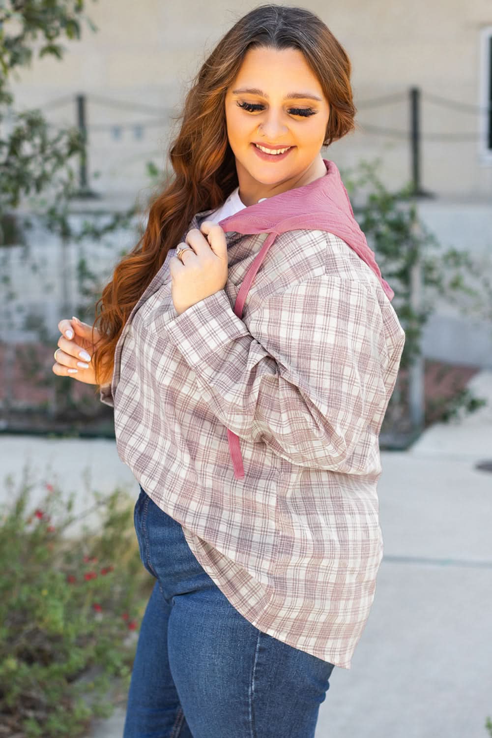Bonbon plus size plaid hooded shirt - Love Salve 