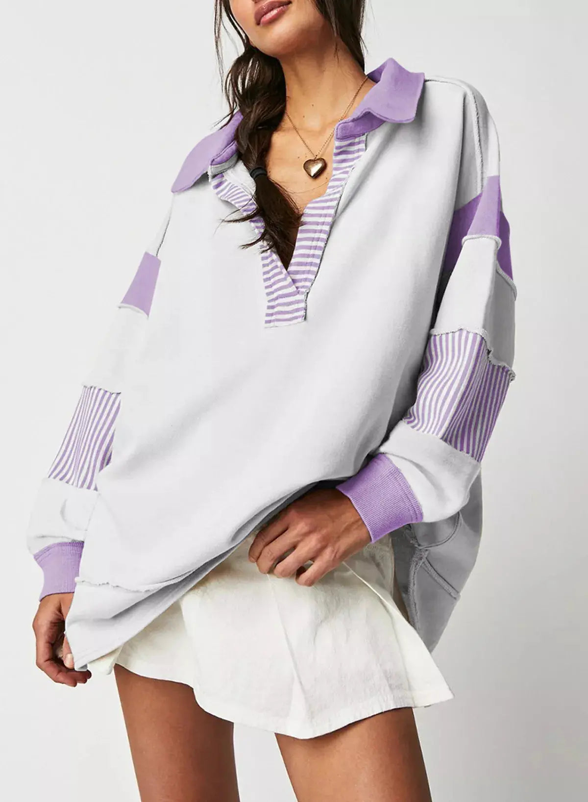 Color Block Striped Johnny Collar Sweatshirt Simply Love