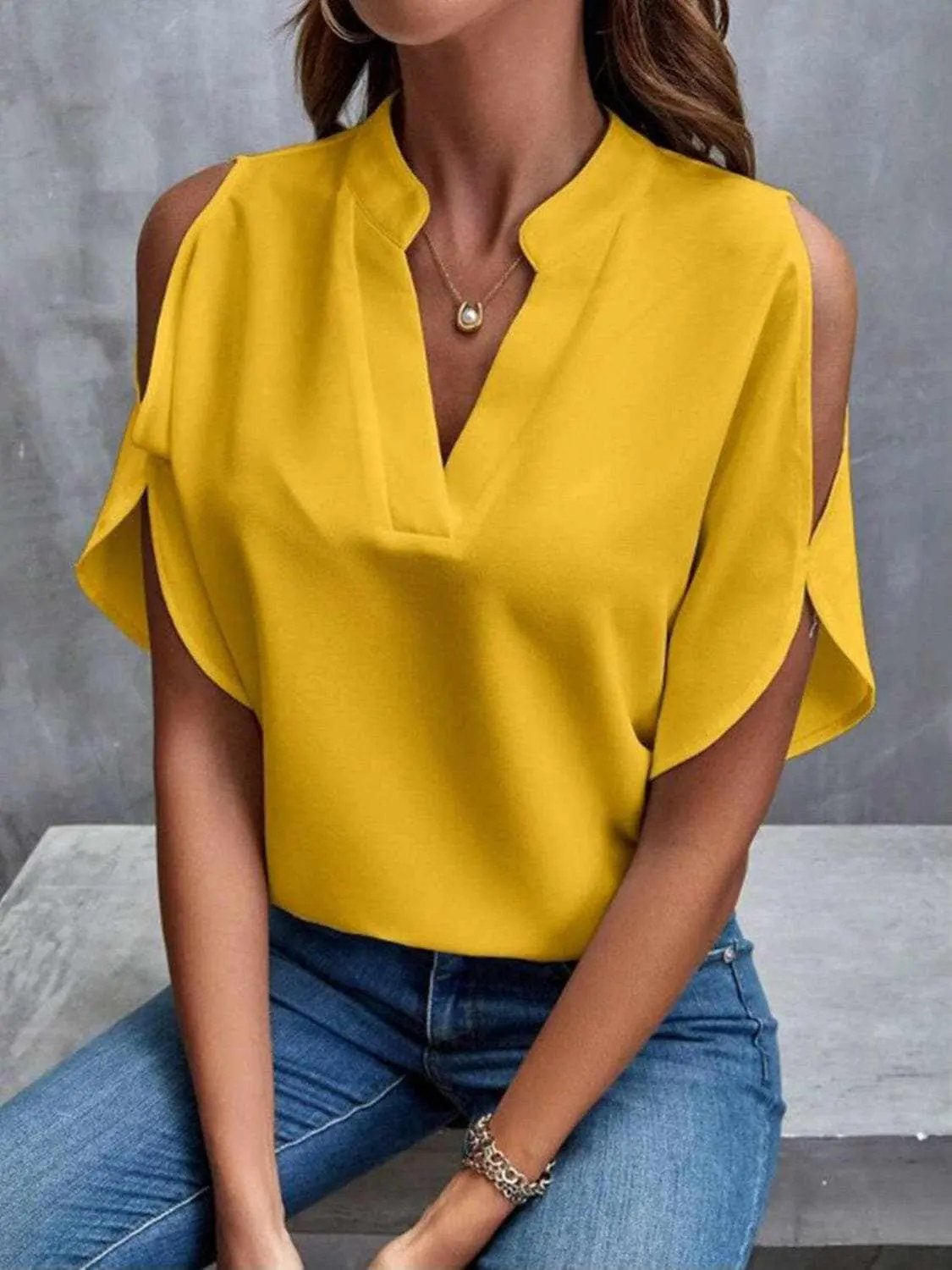 Chic notched cold shoulder blouse - Love Salve 