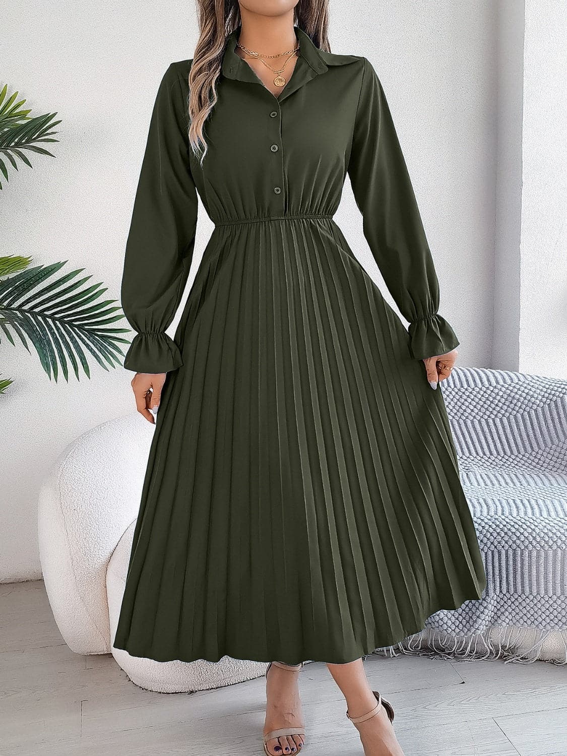 Pleated Half Button Long Sleeve Midi Dress.