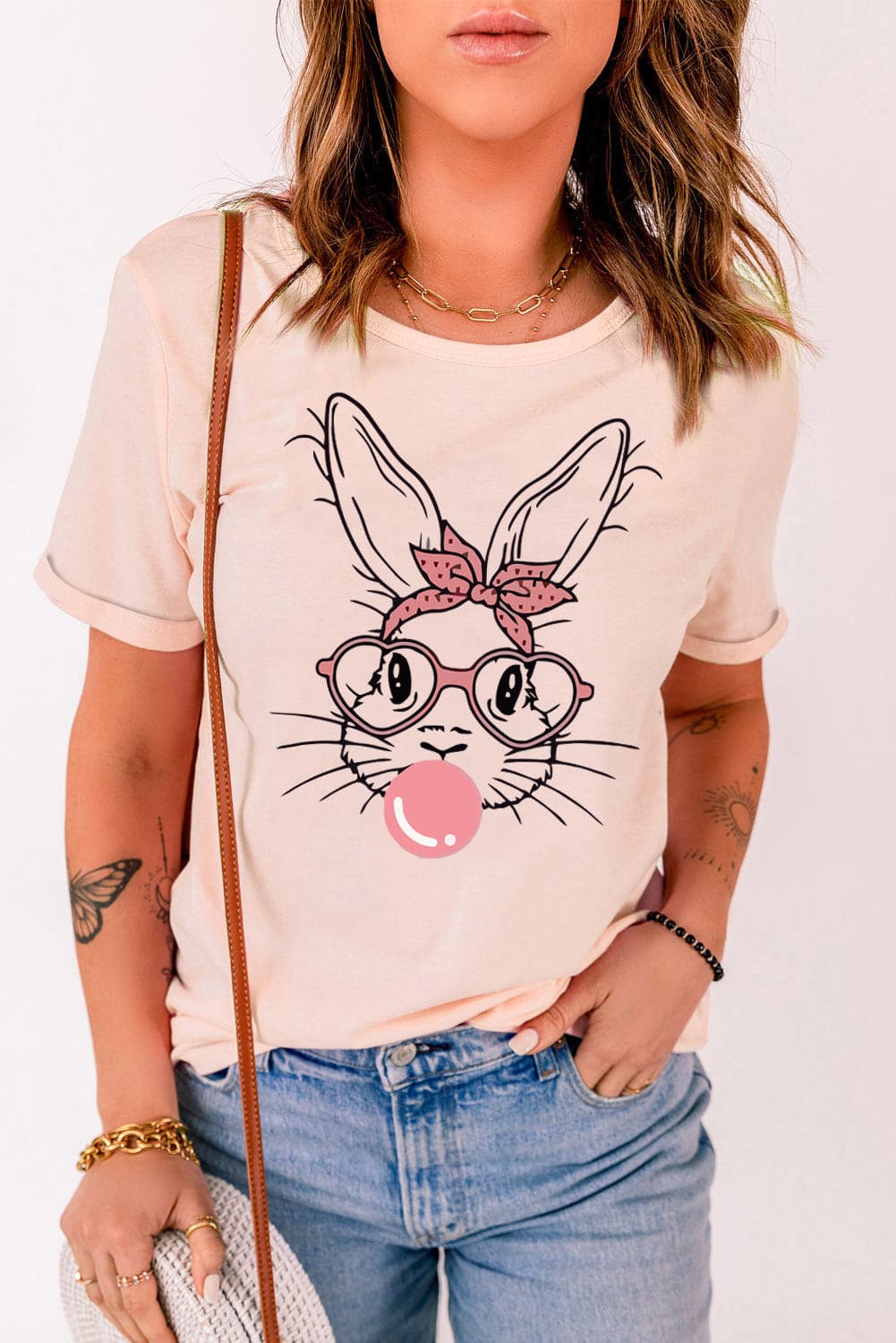 Rabbit Graphic Round Neck Short Sleeve T-Shirt.