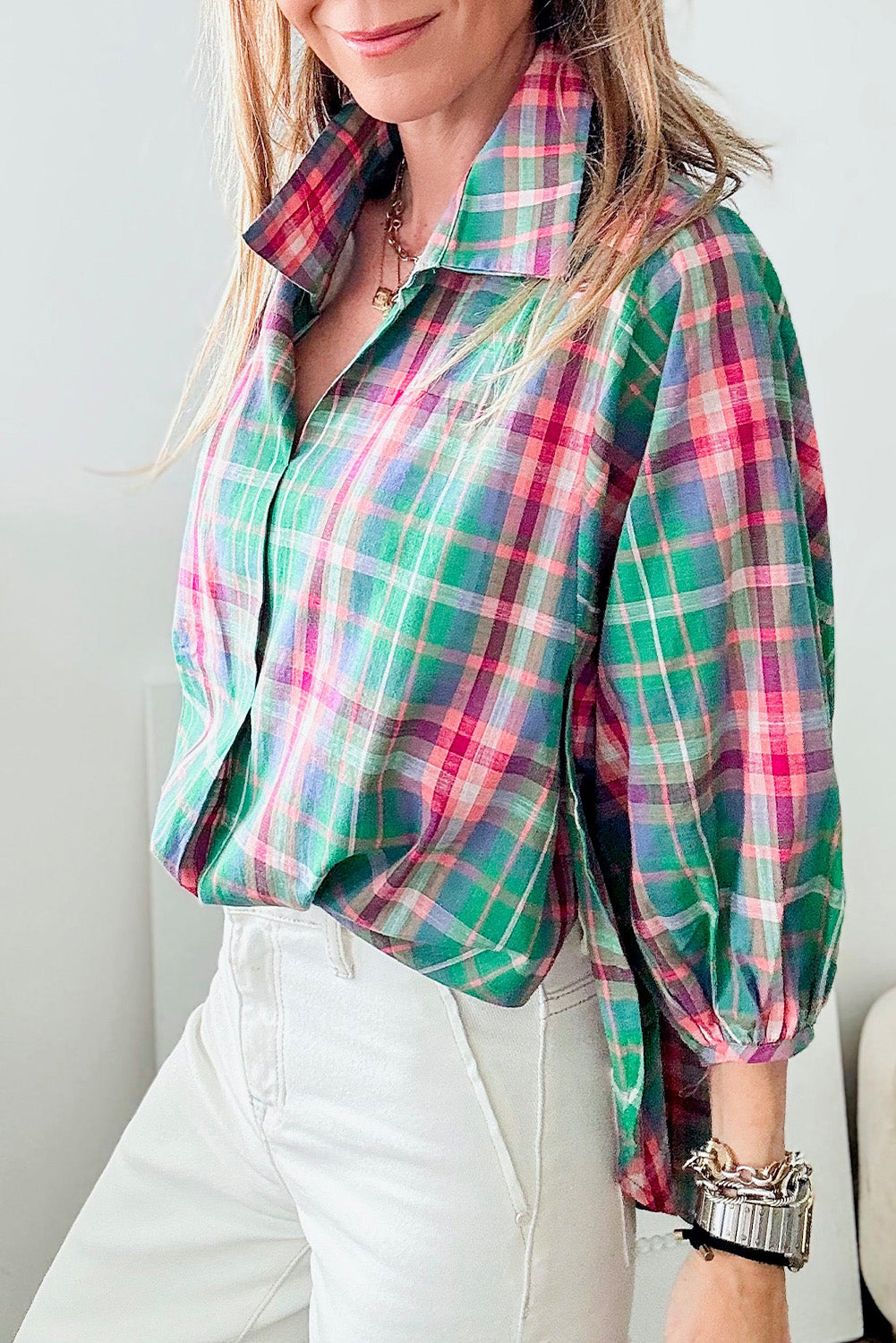 Casual green plaid 3/4 sleeve button-up shirt