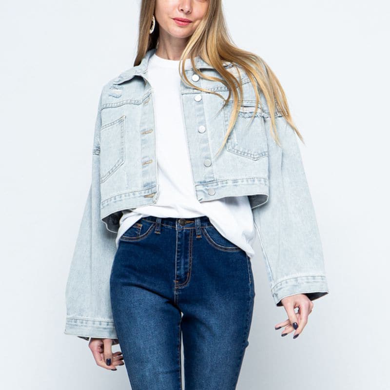 Cropped Collared Neck Dropped Shoulder Denim Jacket.