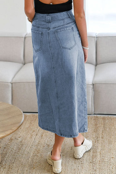 Dusk Blue High-Waisted Belted Midi Denim Skirt with Split Detail