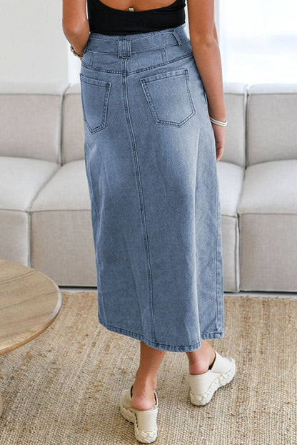 Dusk Blue High-Waisted Belted Midi Denim Skirt with Split Detail