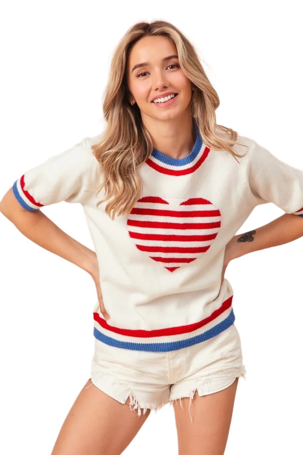 BiBi US Flag Theme Striped Heart Sweater.