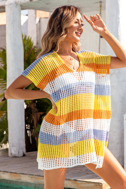 Chic yellow striped v-neck tunic cover-up with stylish hollow knit design