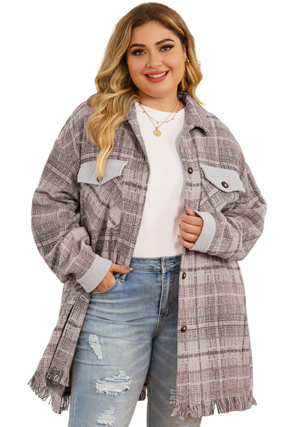 Chic pink macrame plaid coat in plus sizes