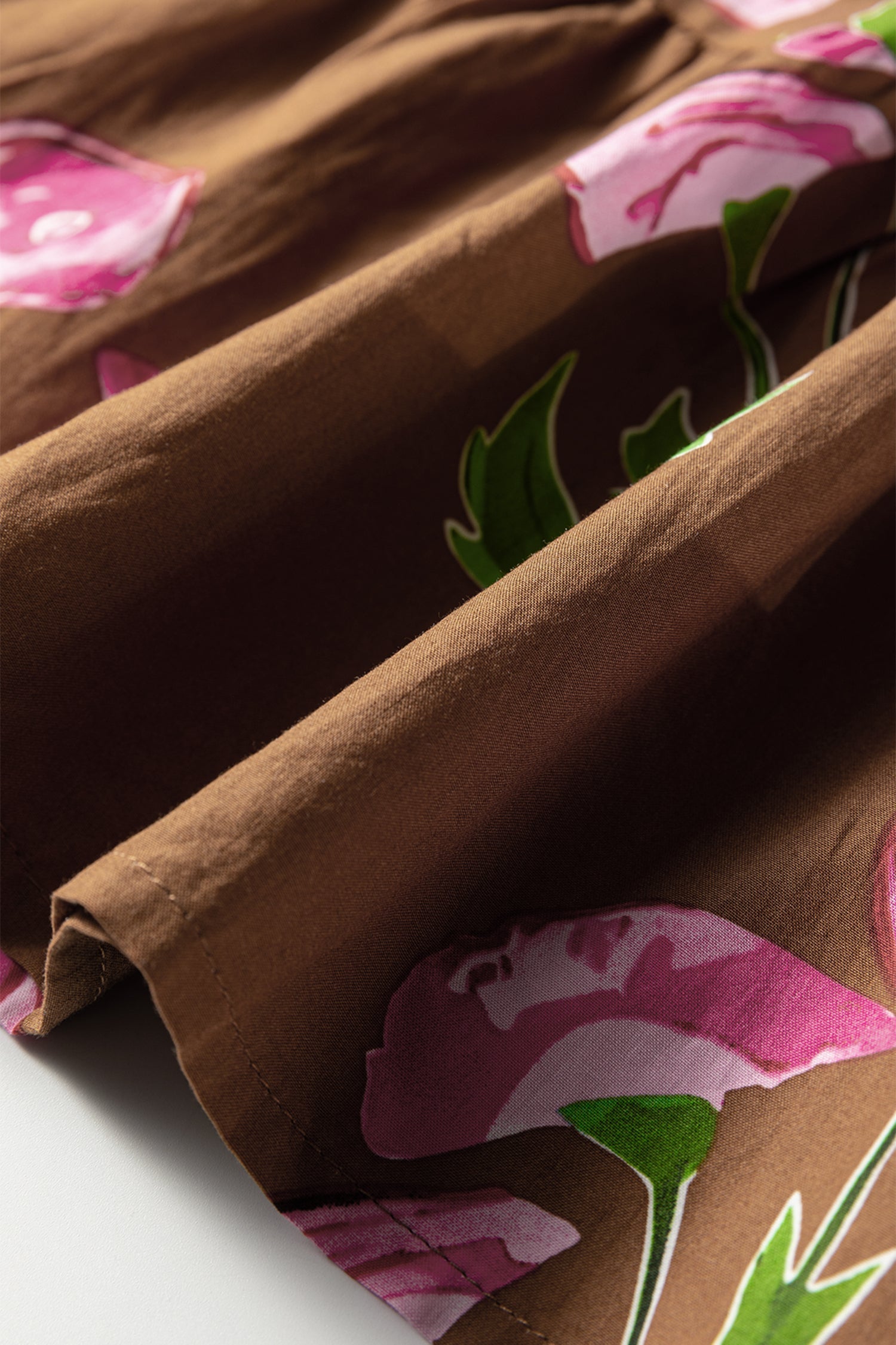 Brown Contrast Floral Print Babydoll Tunic Dress With Ruffled Hem Puff Sleeve Dear-Lover Dropshipping