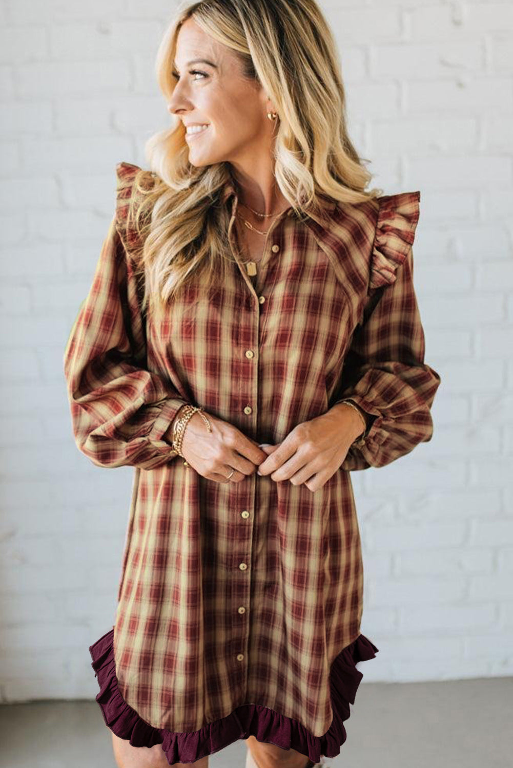 Red Plaid Ruffled Long Sleeve Patchwork Shirt Dress