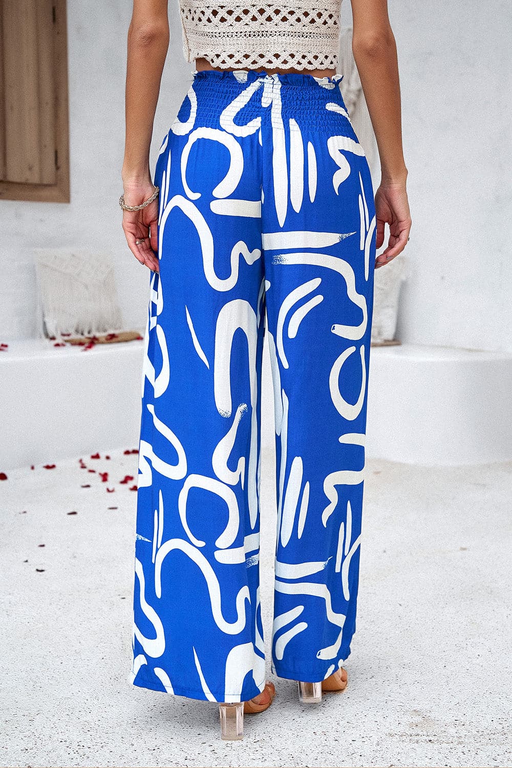 Smocked Printed Wide Leg Pants with Pockets.