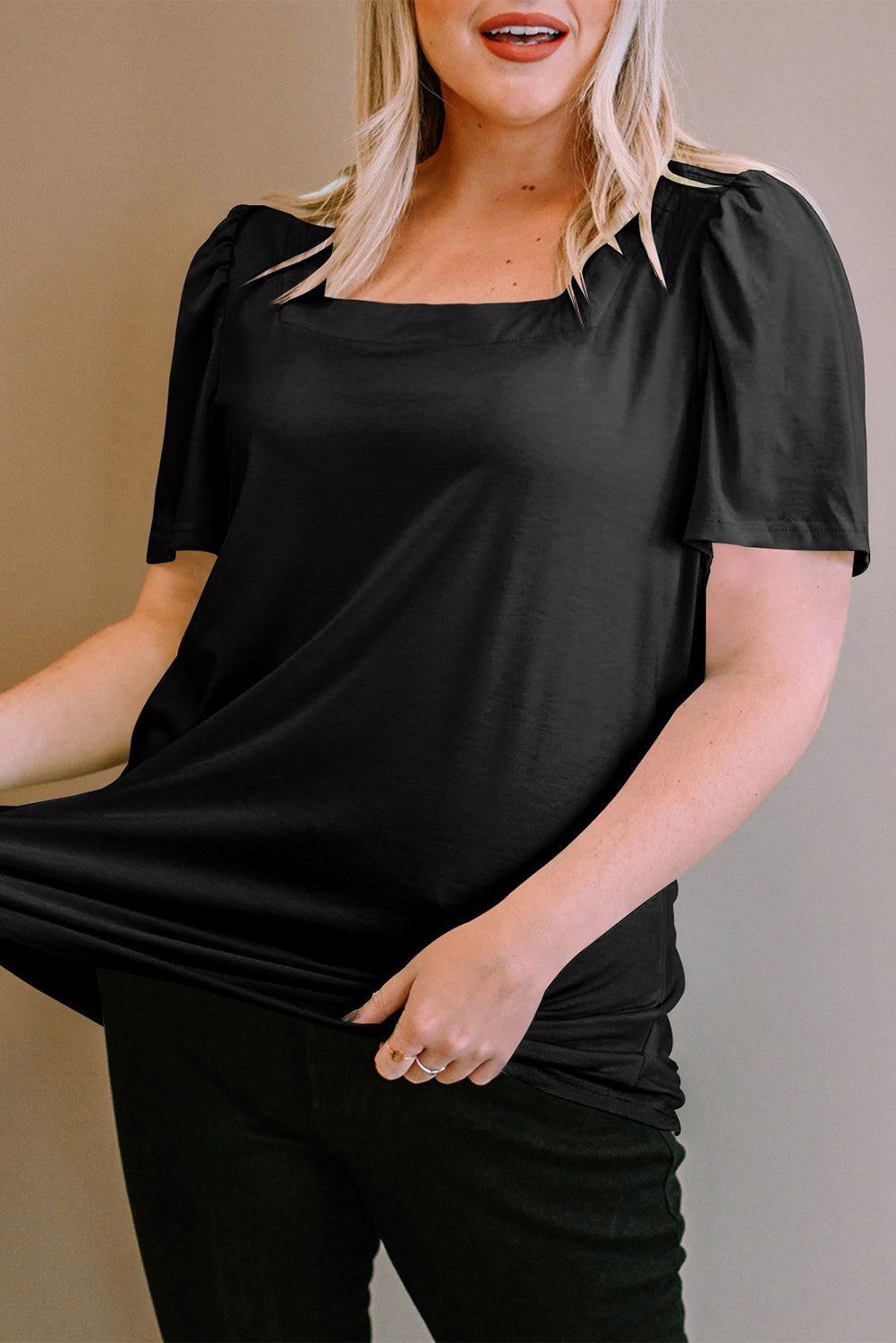 Chic black plus size square neck top with ruched sleeves