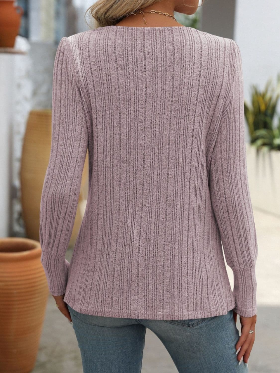 Decorative Button Striped Square Neck Long Sleeve T-Shirt.