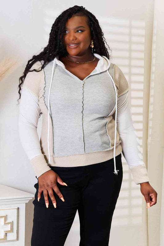 Double Take Color Block Exposed Seam Drawstring Hoodie - Love Salve