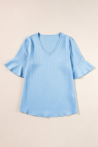 Chic beau blue ruffled v-neck top with half sleeves