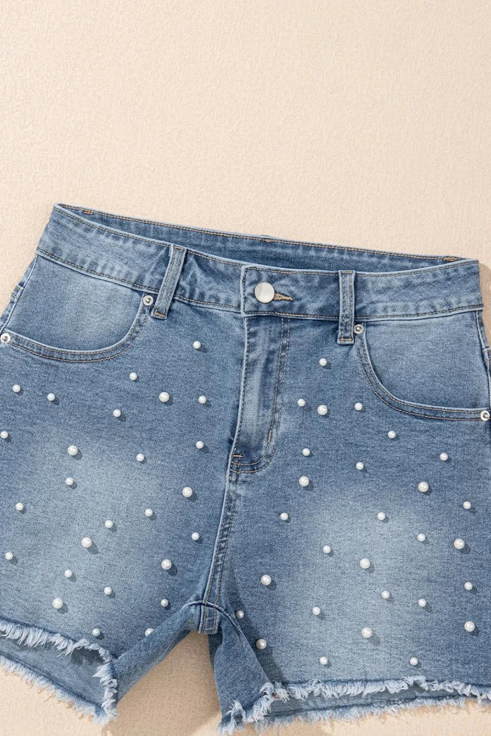 Pearl Beaded Raw Hem Wash Denim Shorts Simply Love