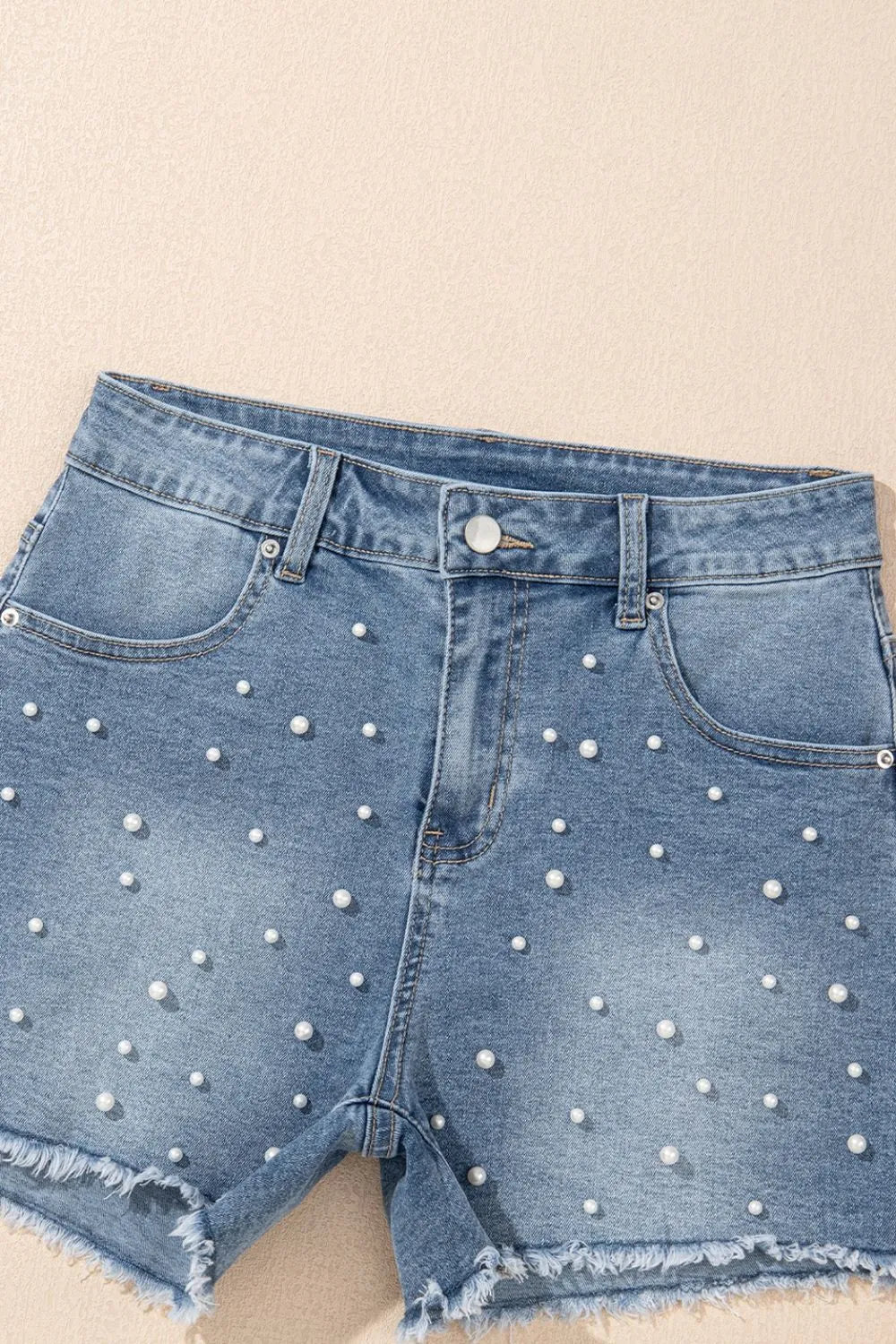 Pearl Beaded Raw Hem Wash Denim Shorts