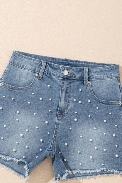 Pearl Beaded Raw Hem Wash Denim Shorts