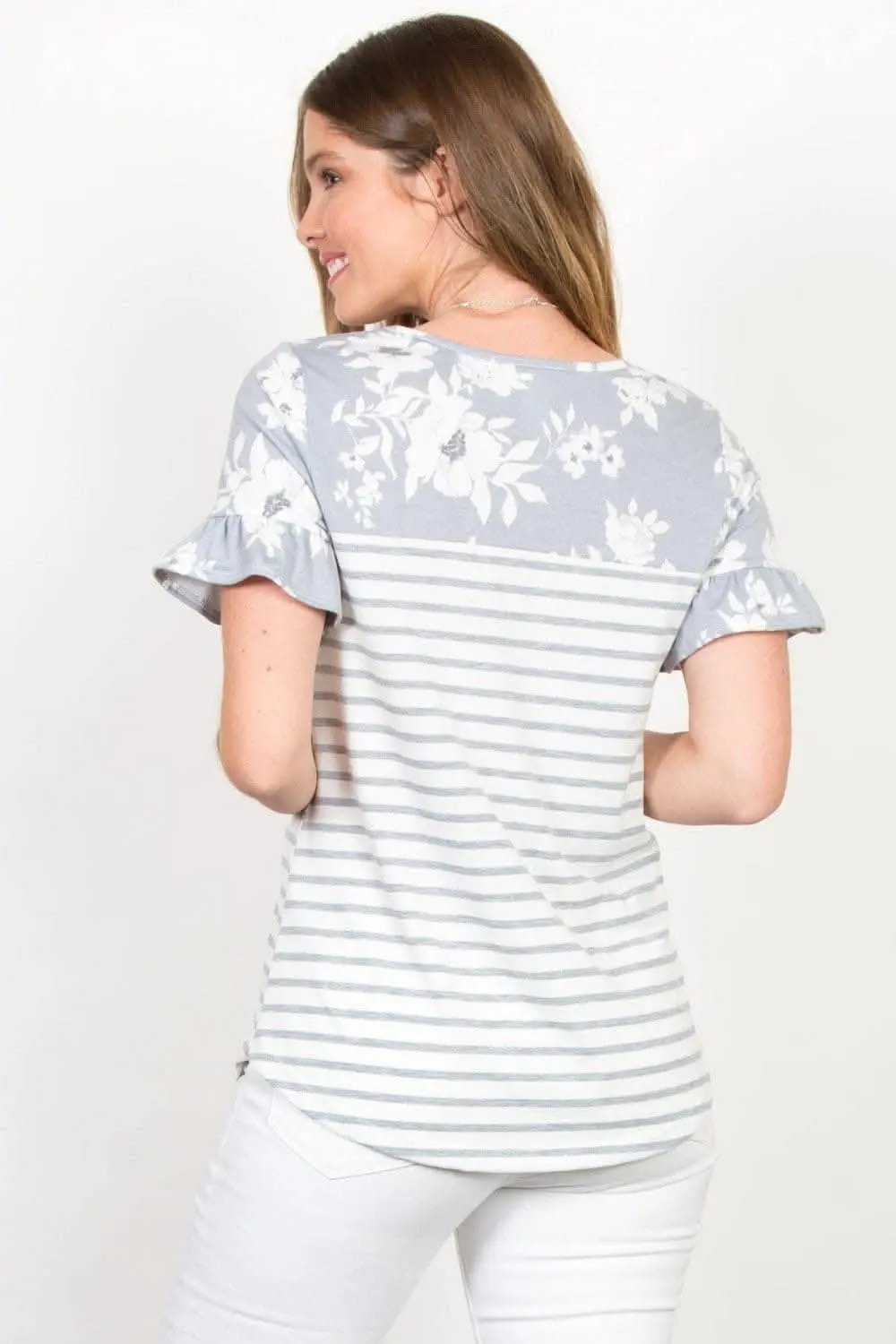 Be Stage Full Size Floral & Striped Flounce Sleeve Top - Love Salve 