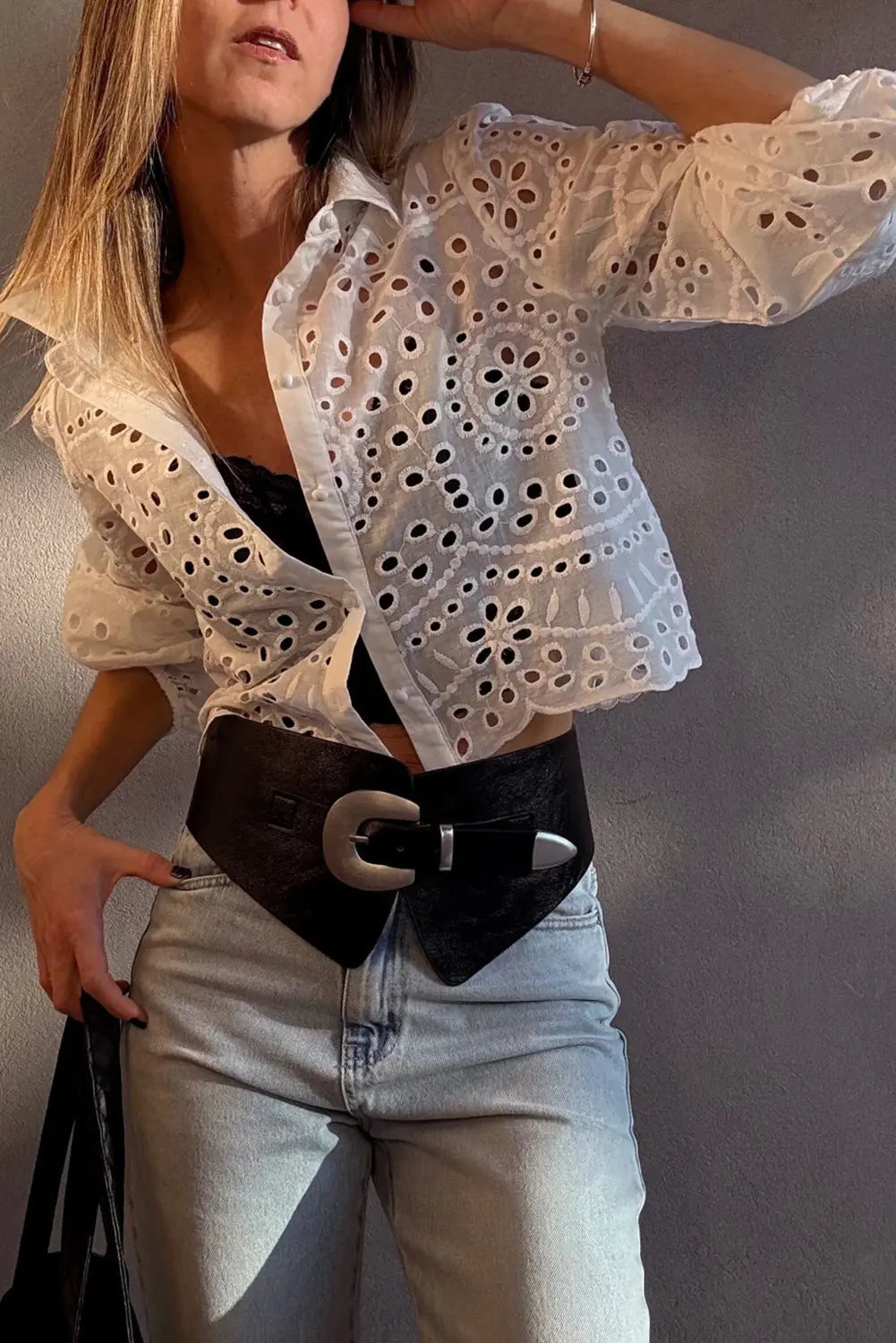 White Eyelet Embroidered Puff Sleeve Cropped Shirt For Women Dear-Lover Dropshipping
