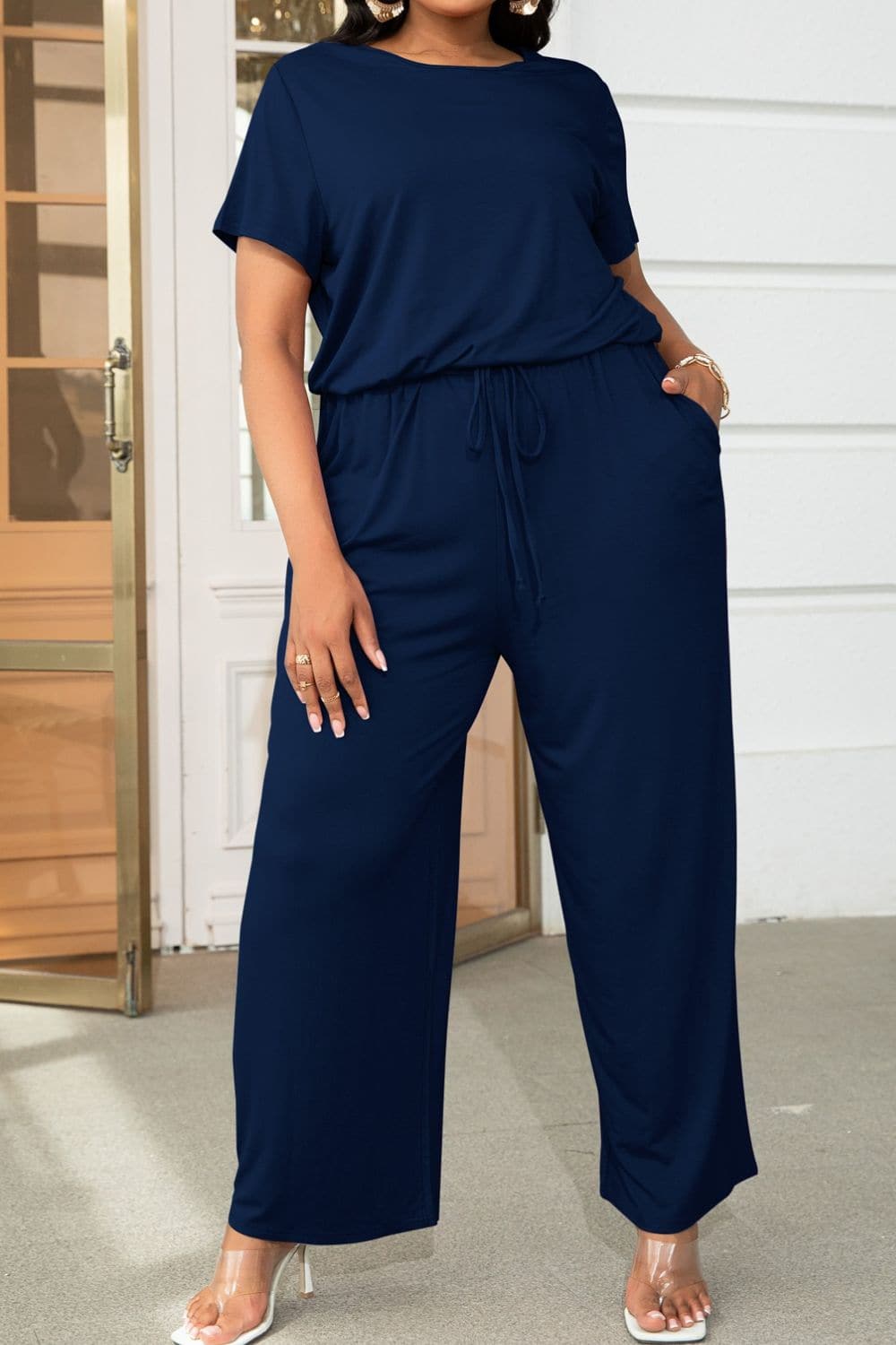 Plus Size Drawstring Waist Short Sleeve Jumpsuit.