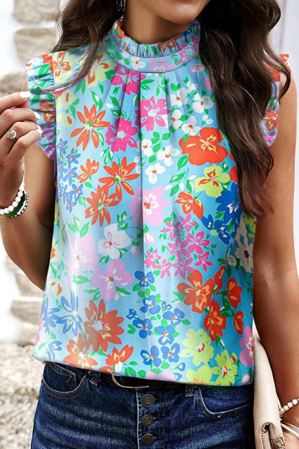 Ruffled Printed Mock Neck Cap Sleeve Blouse.