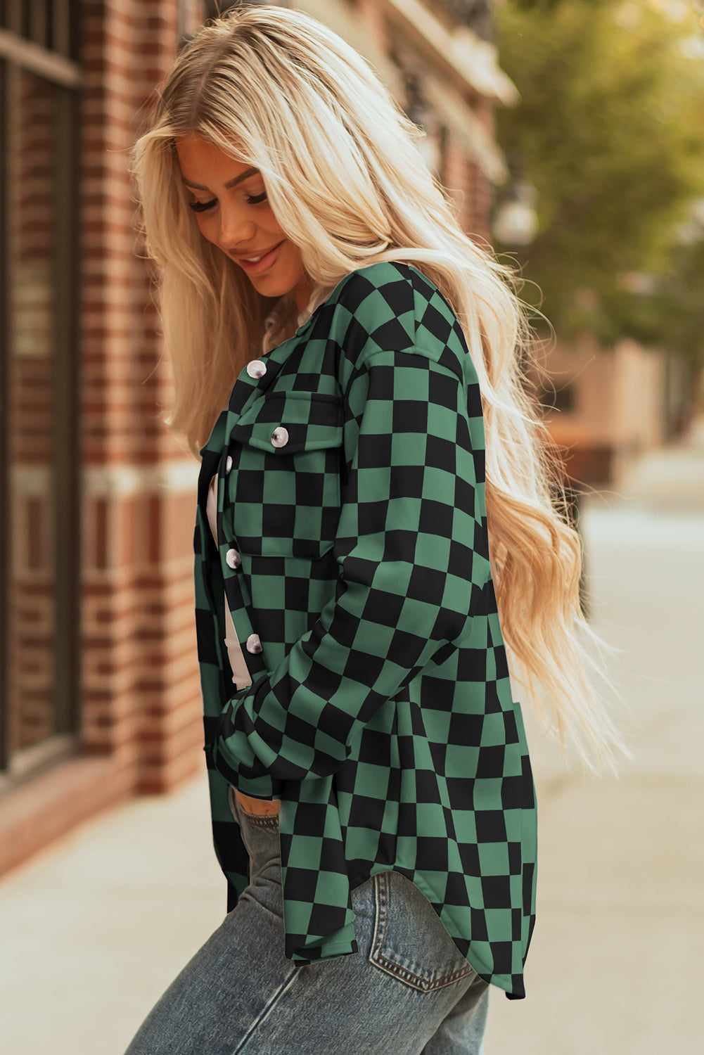 Green Checkerboard Shacket With Flap Pocket And Button Front Closure For Casual Outerwear Dear-Lover Dropshipping