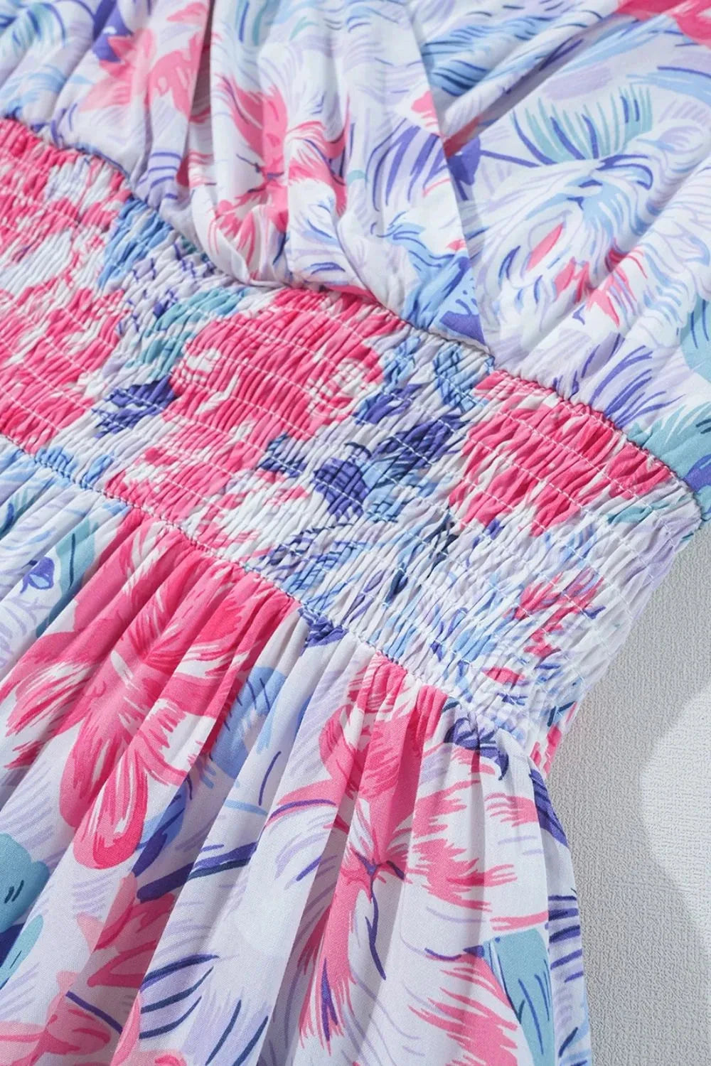 Floral Spaghetti Strap Surplice Neck Shirred Waist Mini Dress Simply Love