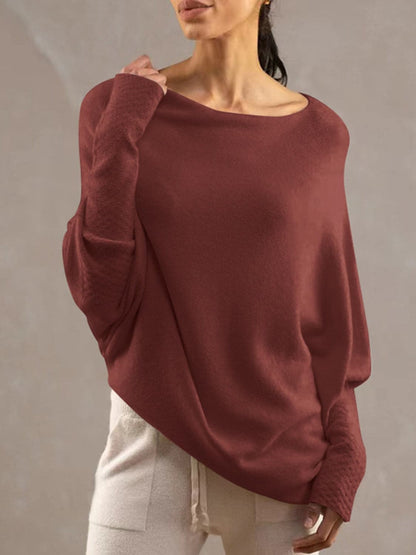 Full Size Boat Neck Batwing Sleeve Knit Top.