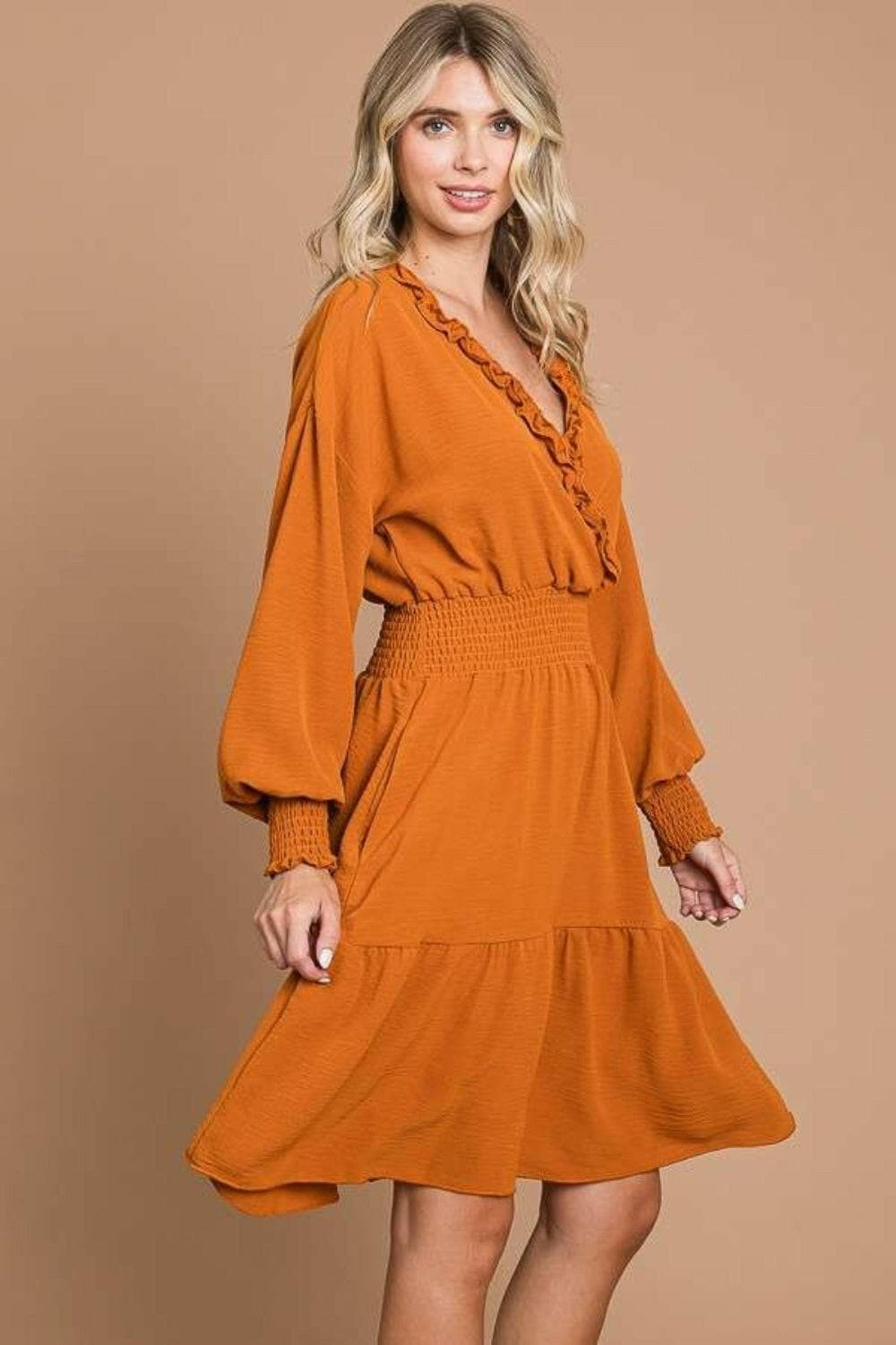 Culture Code Full Size Frill Smocked Lantern Sleeve Mini Dress.