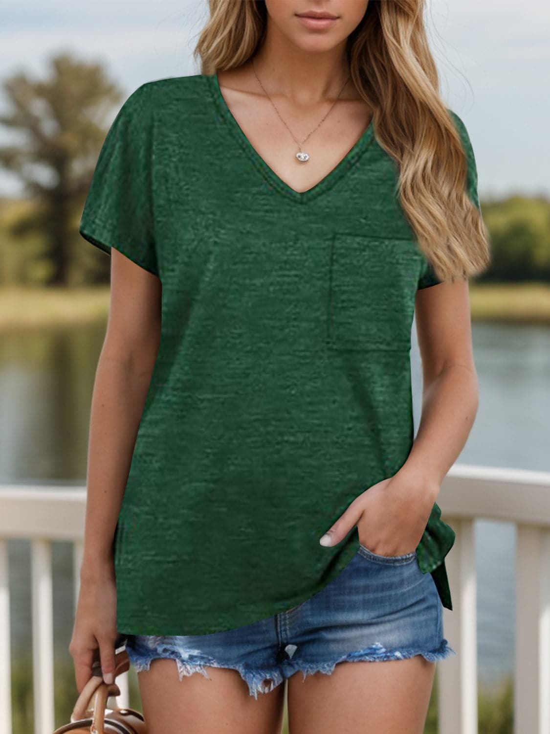 Pocketed Heathered V-Neck Short Sleeve T-Shirt.