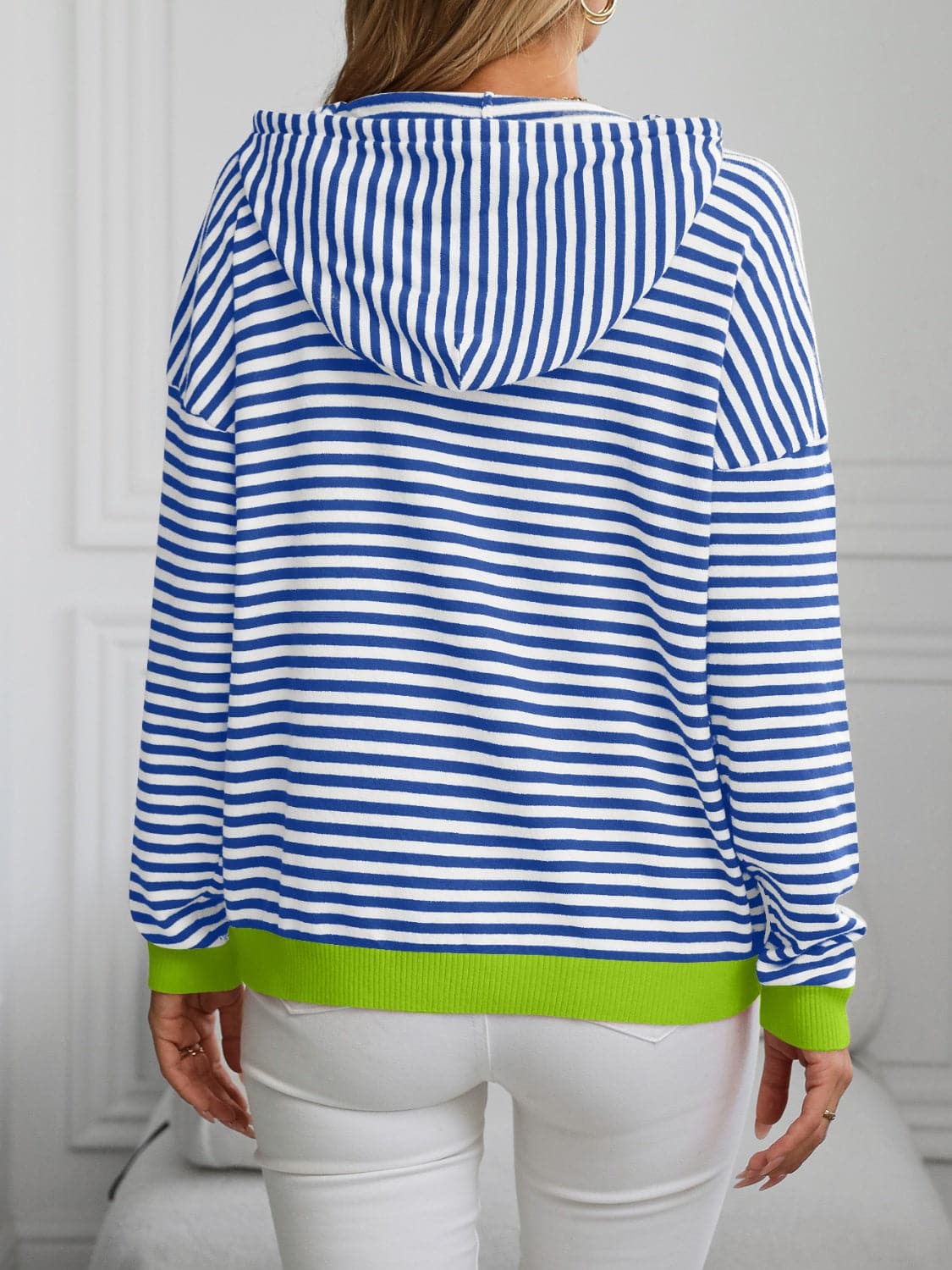 Striped Long Sleeve Hooded Knit Top.