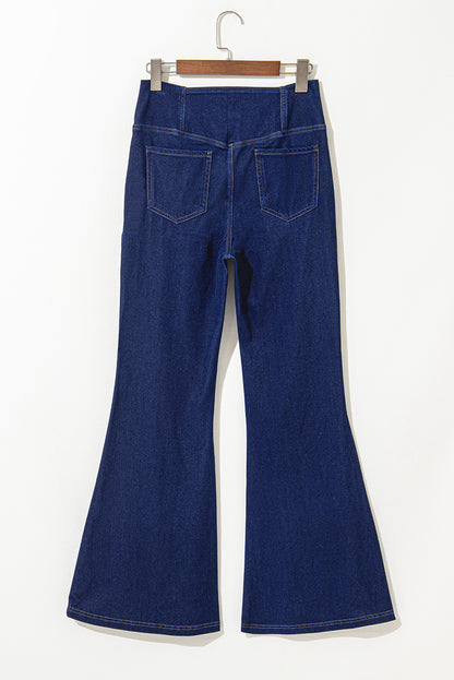 Dusk blue elastic flare jeans with crossed waist design