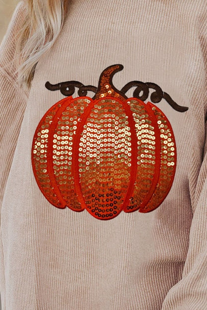 Sequin Pumpkin Round Neck Long Sleeve Sweatshirt.