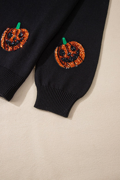 Chic black plus size sequined pumpkin sweater for Halloween celebrations