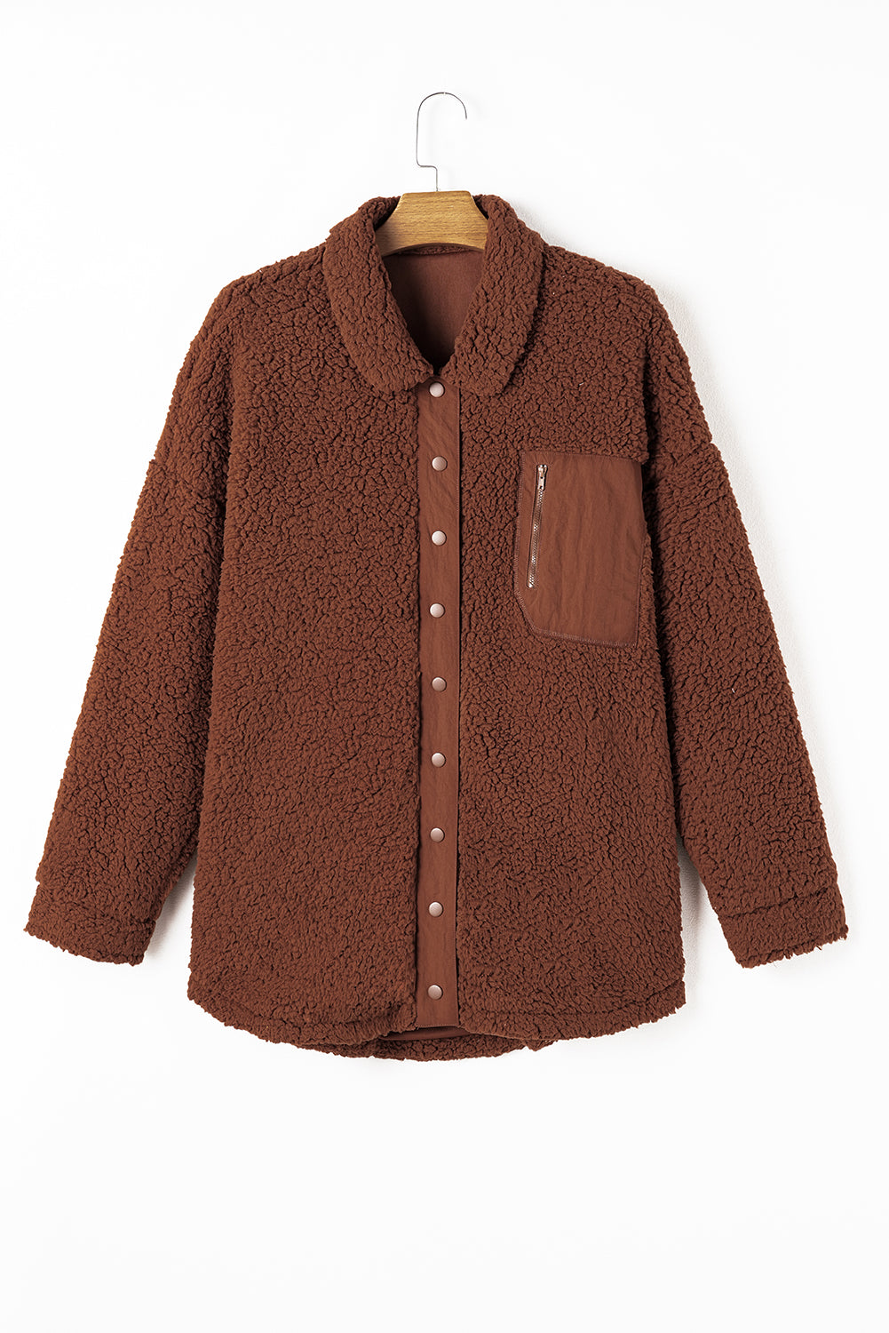 Cozy red clay teddy bear jacket with faux shearling charm