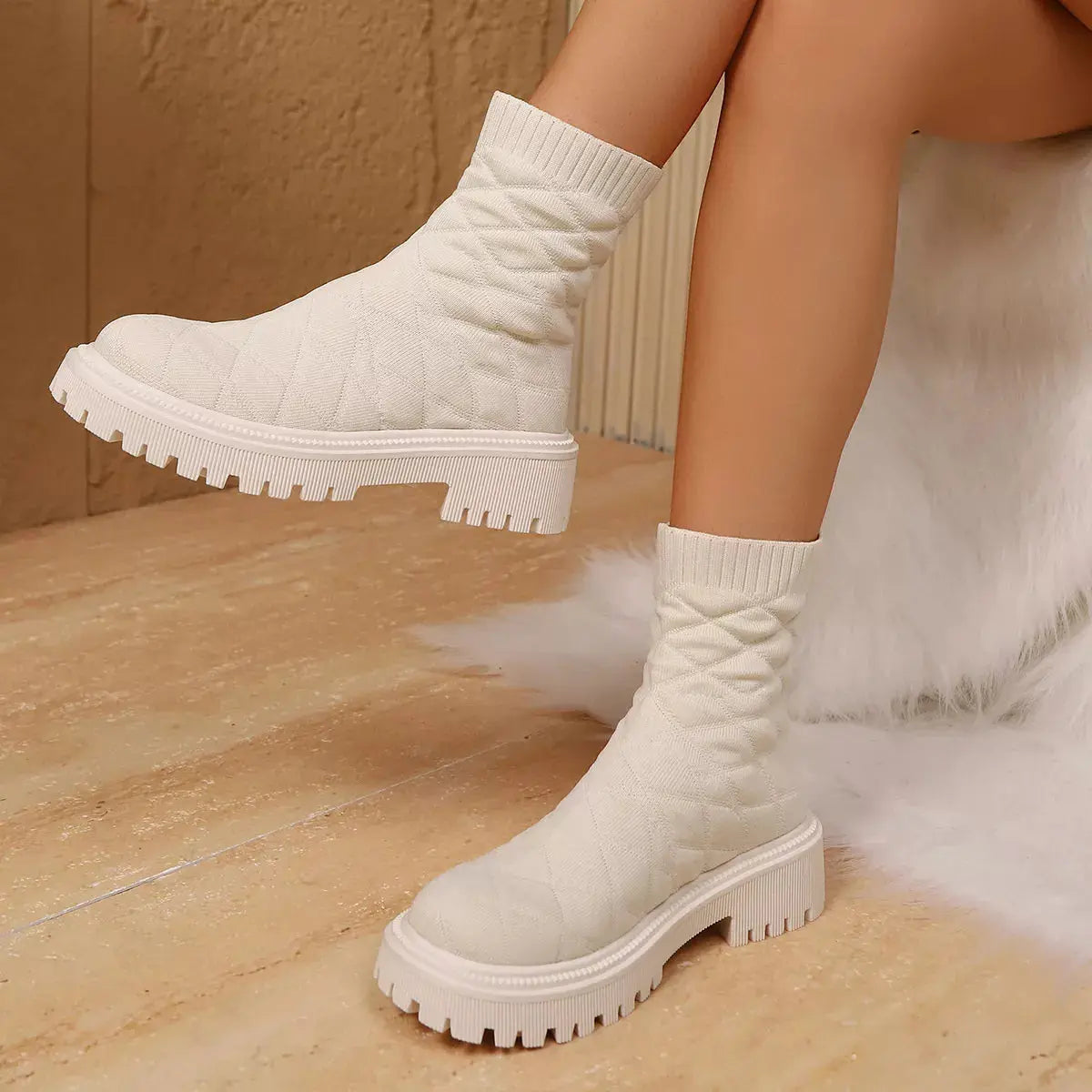 Black Knit Sock Boots With Round Toe And Low Heel Thick Lug Sole Simply Love