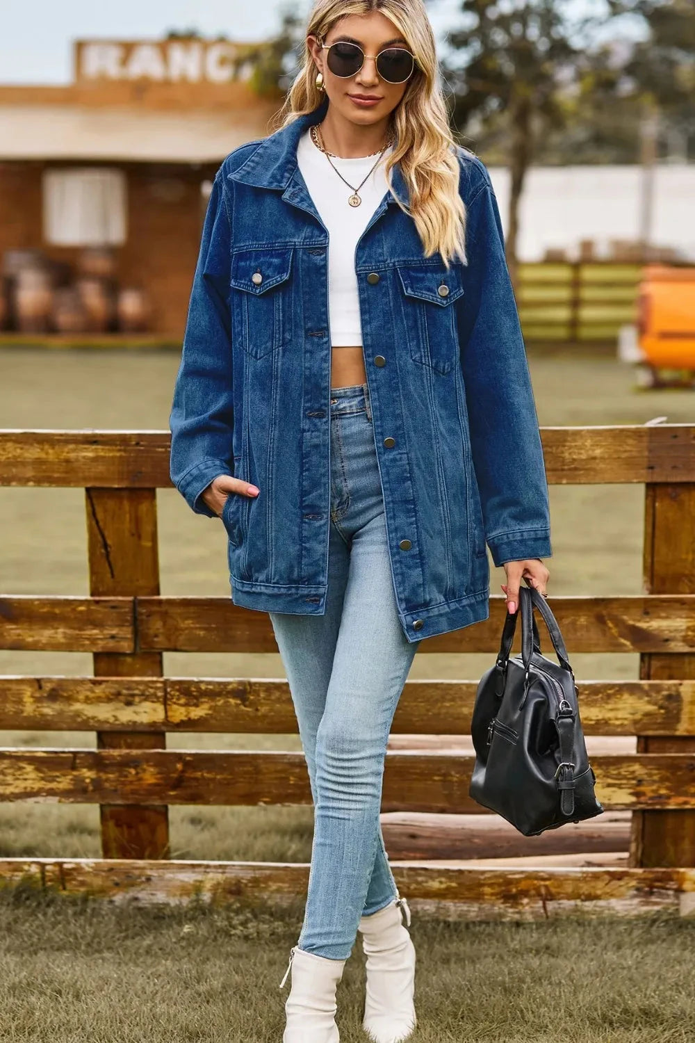 Buttoned Collared Neck Denim Jacket with Pockets Coco’s Tee Boutique
