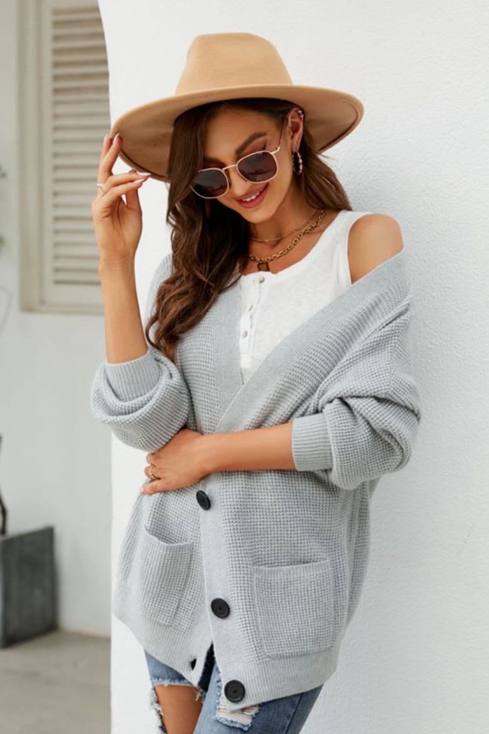 Waffle-Knit Dropped Shoulder Cardigan.