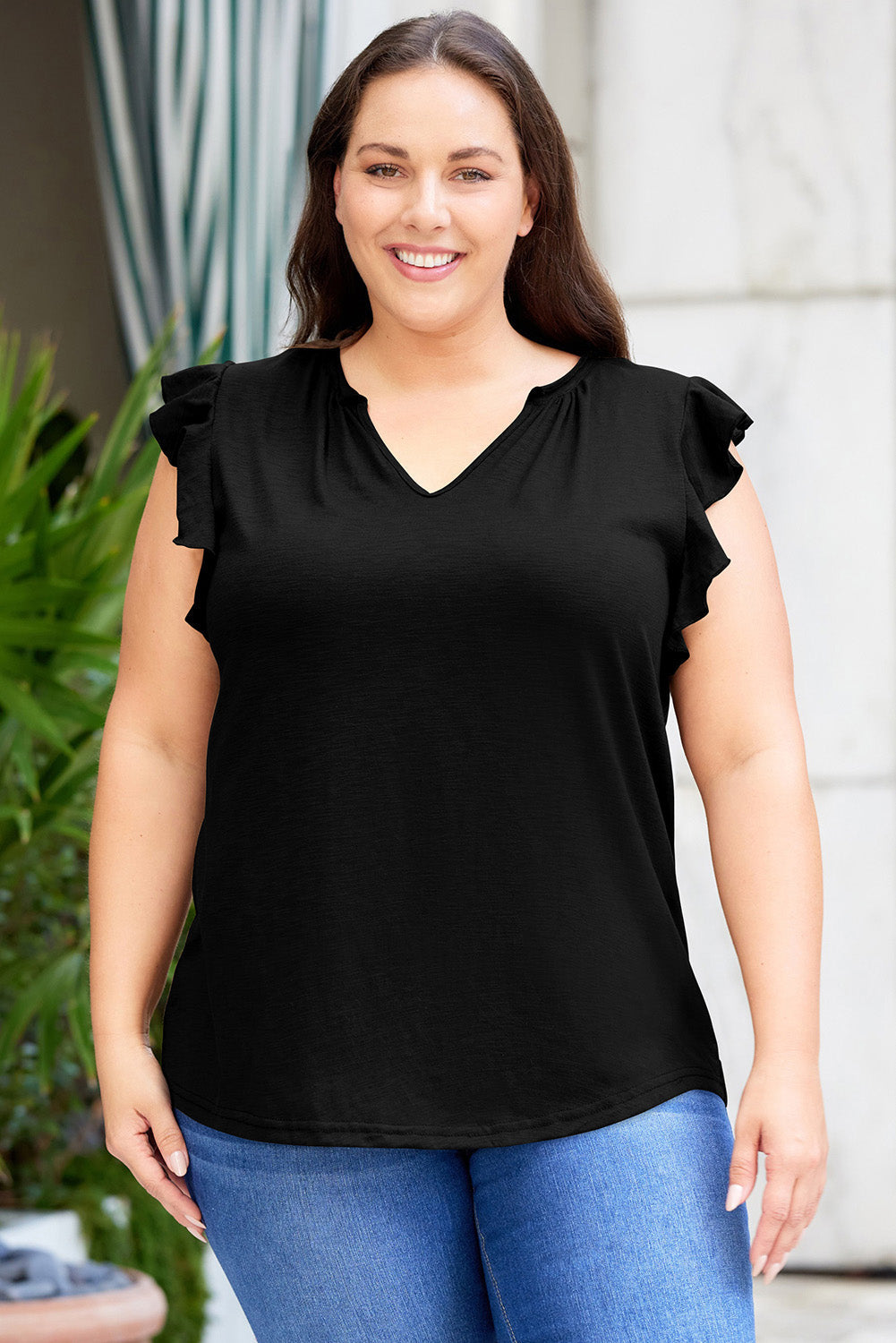 Plus Size Flutter Sleeve Notched Blouse Coco’s Tee Boutique