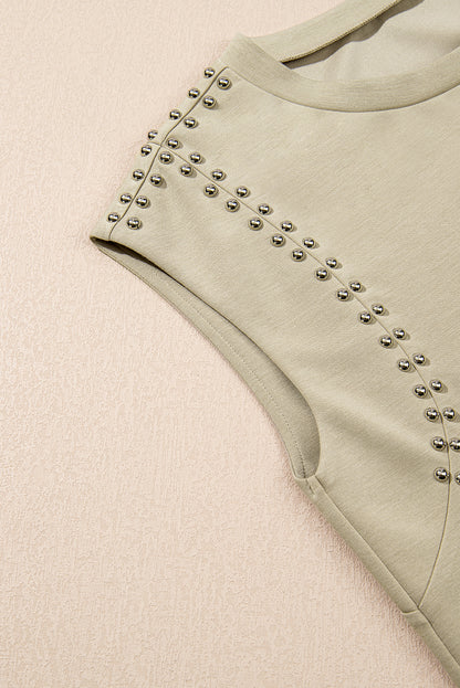 Sage Green Studded Cap Sleeve Round Neck T Shirt for Women