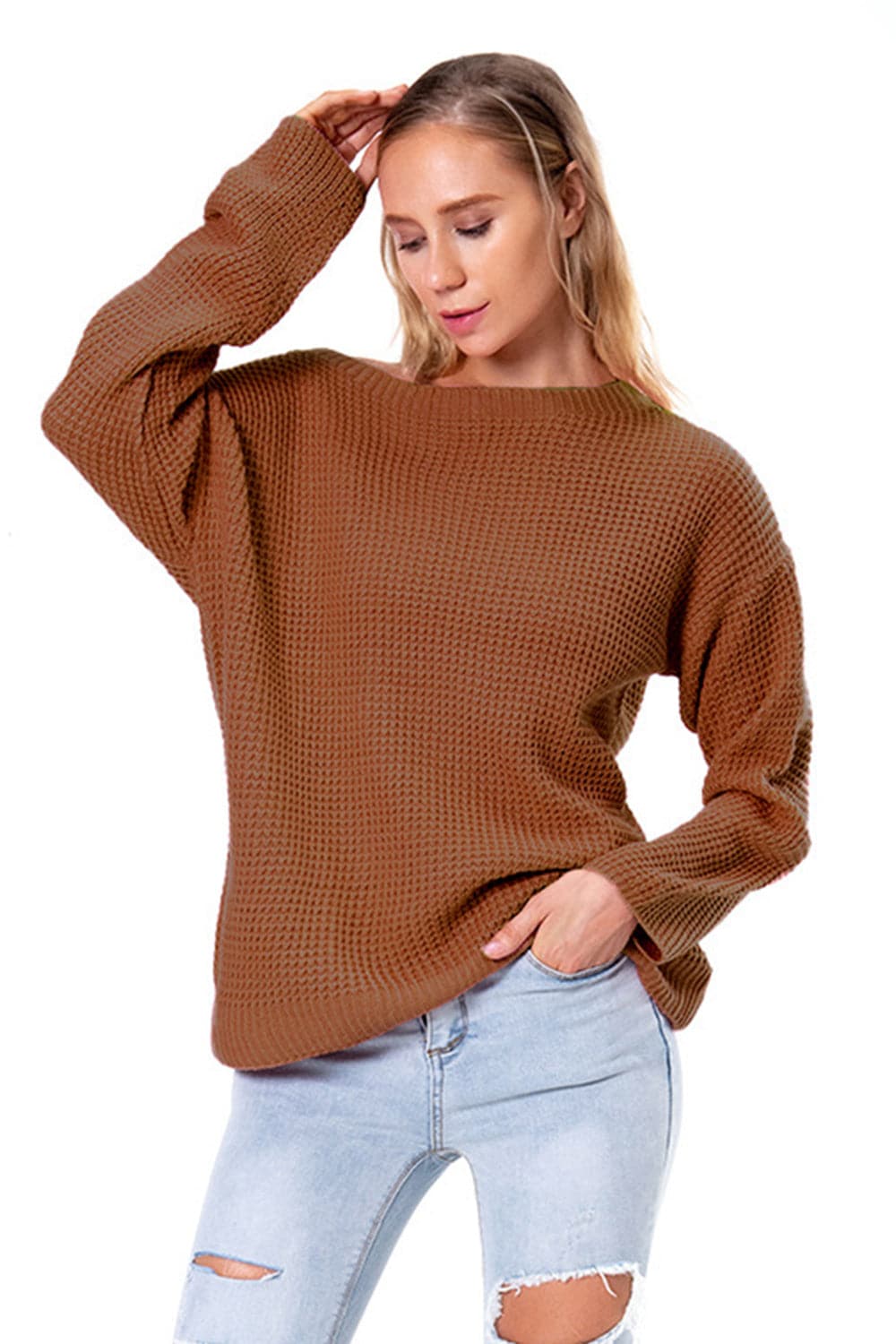 Boat Neck Drop Shoulder Long Sleeve Sweater.