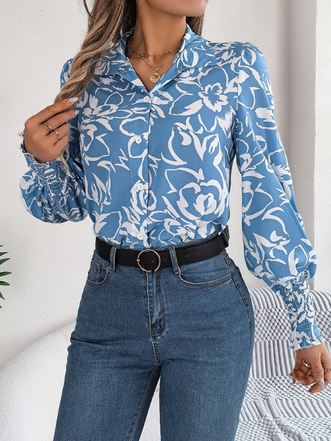 Printed Collared Neck Lantern Sleeve Shirt.