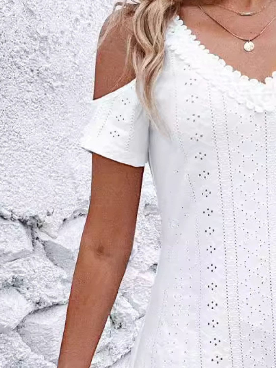 Eyelet V-Neck Cold Shoulder Mini Dress.