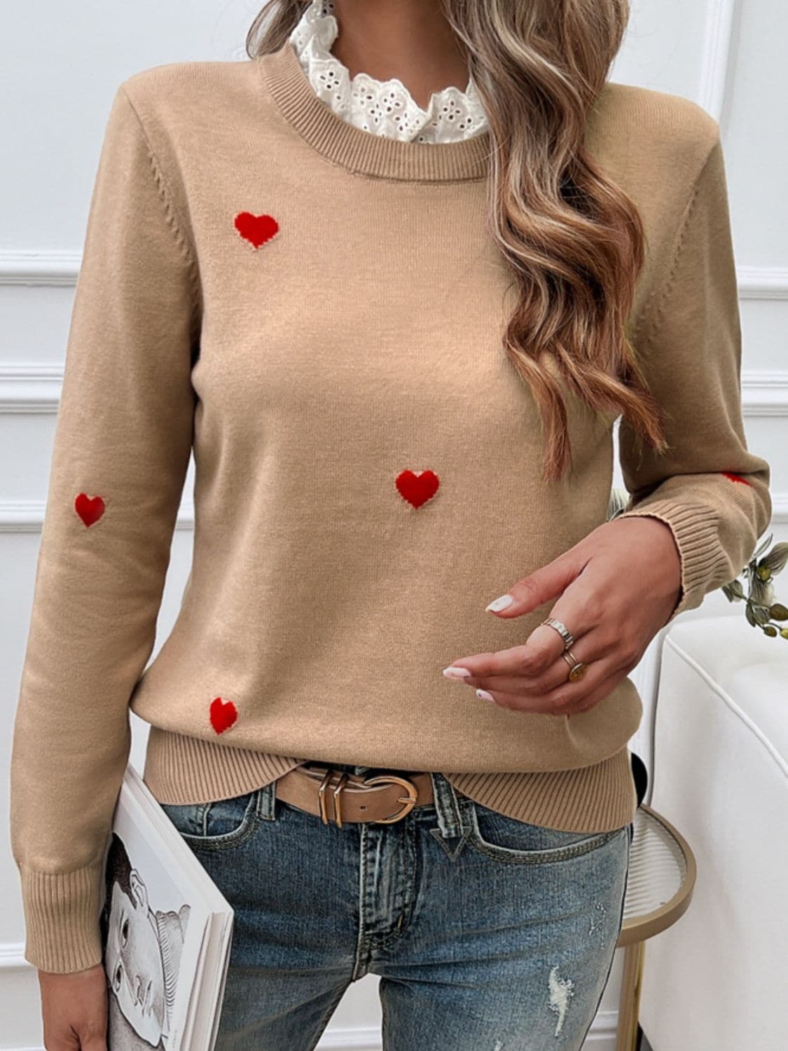 Lace Detail Heart Long Sleeve Sweater.