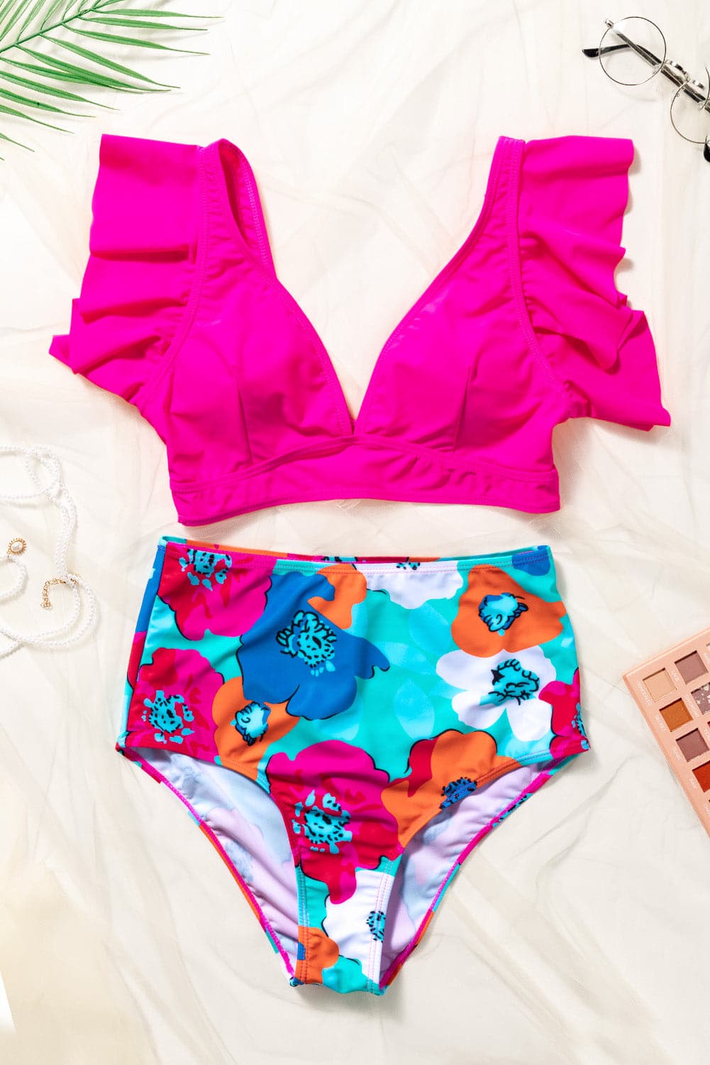 Cropped Swim Top and Floral Bottoms Set.