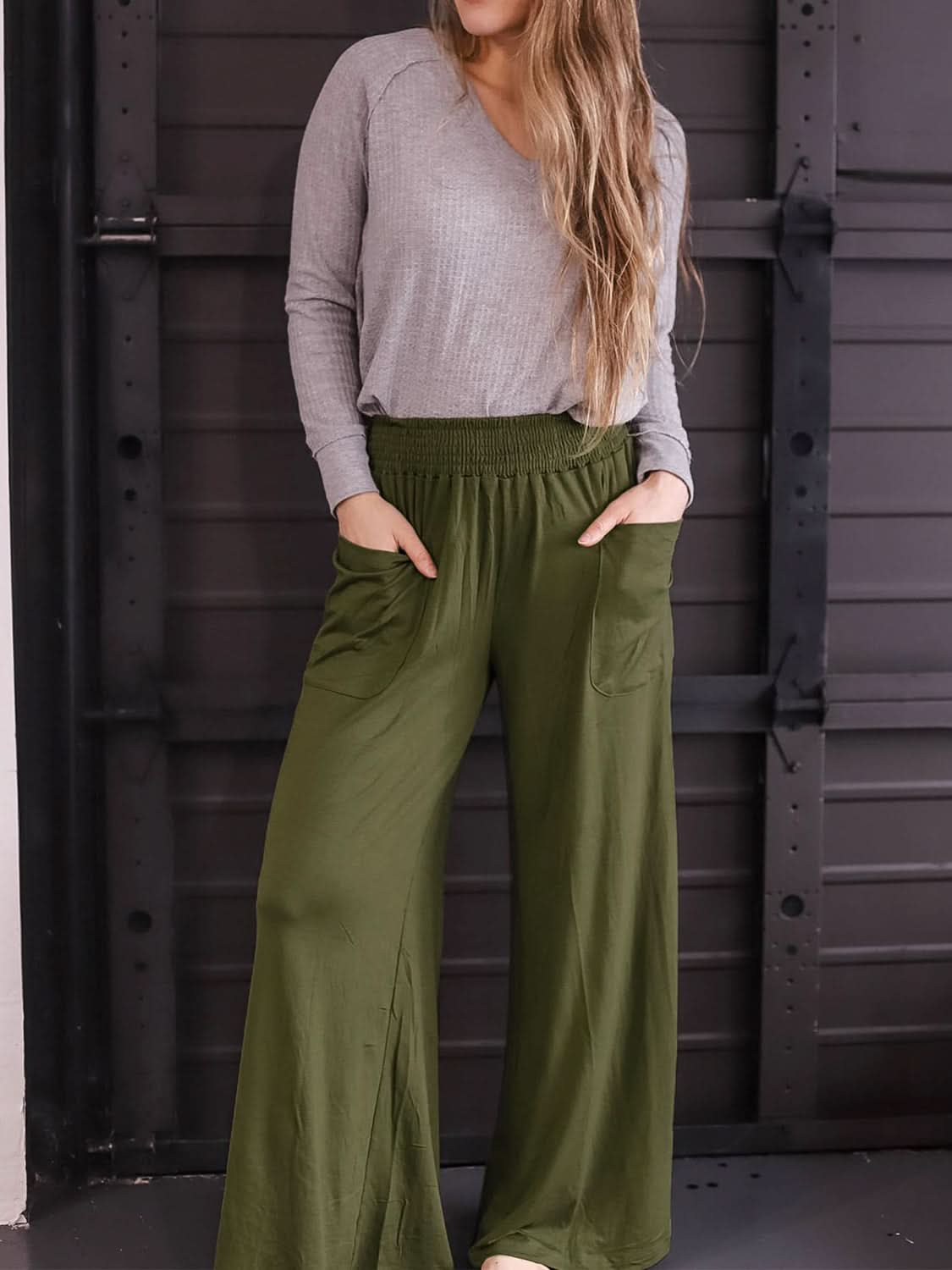 Wide Leg Pants with Pocketed Elastic Waistband